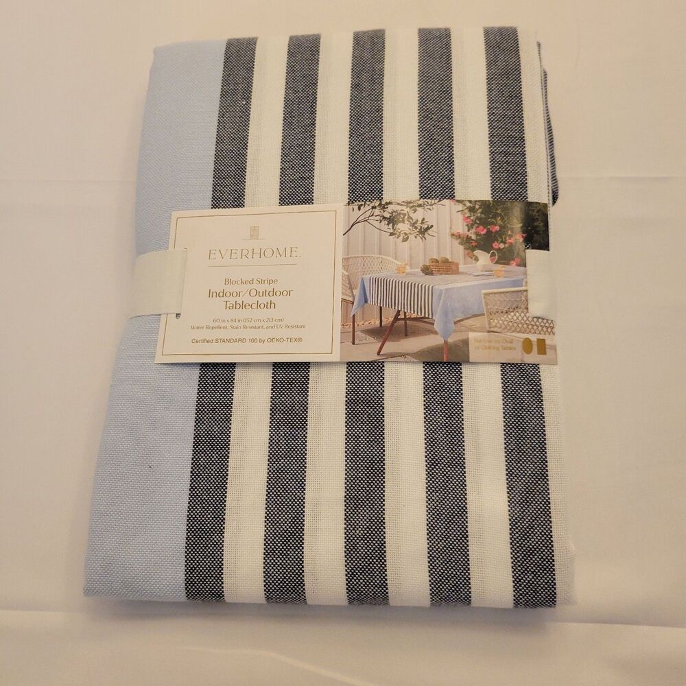 Everhome Blocked Stripe Indoor Outdoor Tablecloth 60x84 Light Blue Navy White